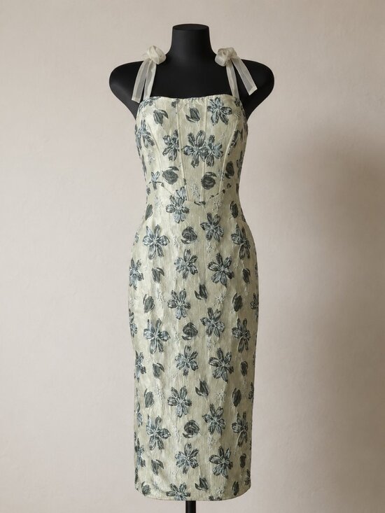 Lulus Dresses & Skirts - NWT Lulus Lovely Darling Sage Green Floral Jacquard Tie-Strap Midi Dress Large